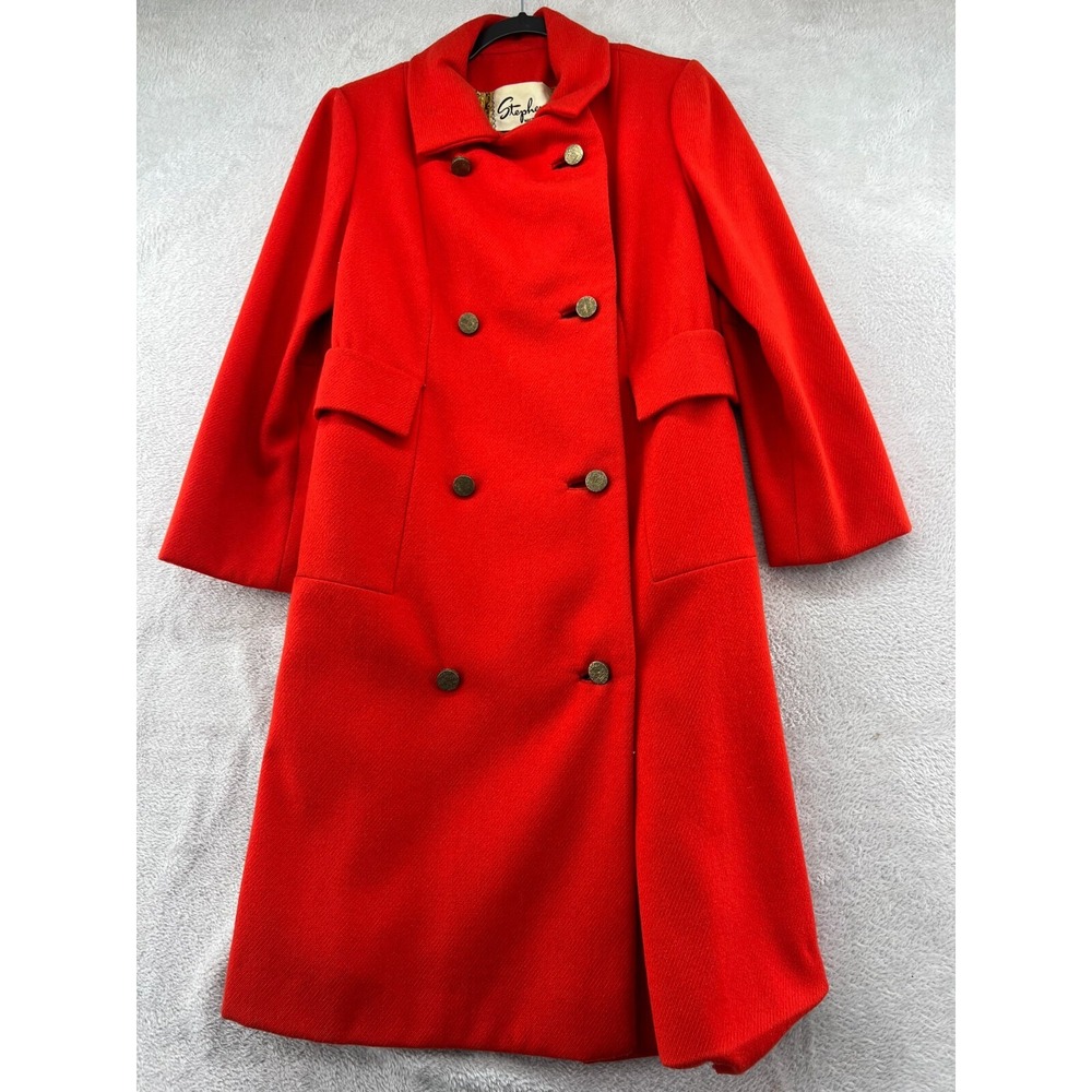 VTG Young Elegants Pea Coat Womens 34 Red Wool Double Breasted Jim Baldwin Chain